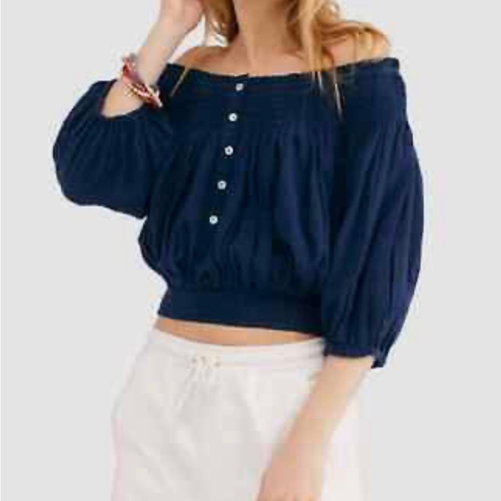WE THE FREE Free People Dancing Till Dawn Navy Blue Off Shoulder Top Shirt XS